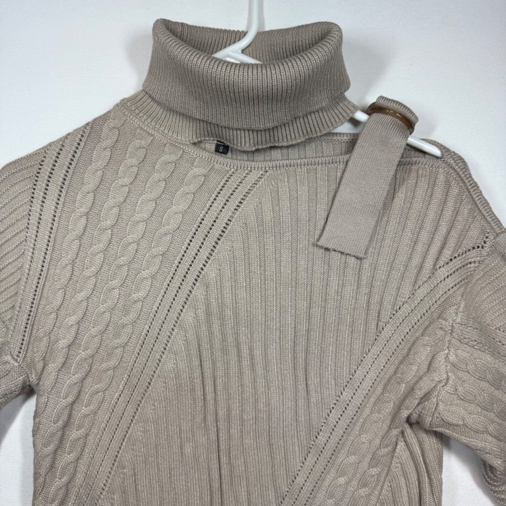 Turtleneck Knit Sweater Beige Asymmetrical Cable-Knit Cut‎ Out Detail Sz Small